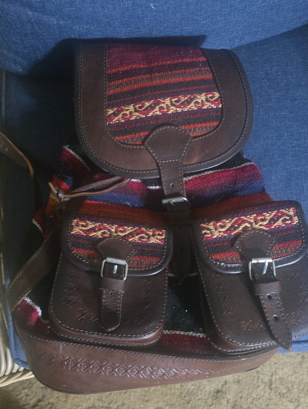 Bohemian Leather and Woven Red Backpack - Womans Casual Bag